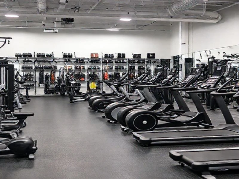A wide, sweeping shot of a fully equipped, futuristic fitness center devoid of people. The lighting is dramatic, highlighting the sleek lines and metallic finishes of multiple Pulse Systems Omega machines. Geometric patterns are subtly integrated into the floor and ceiling, enhancing the sense of a high-tech, performance-driven environment.